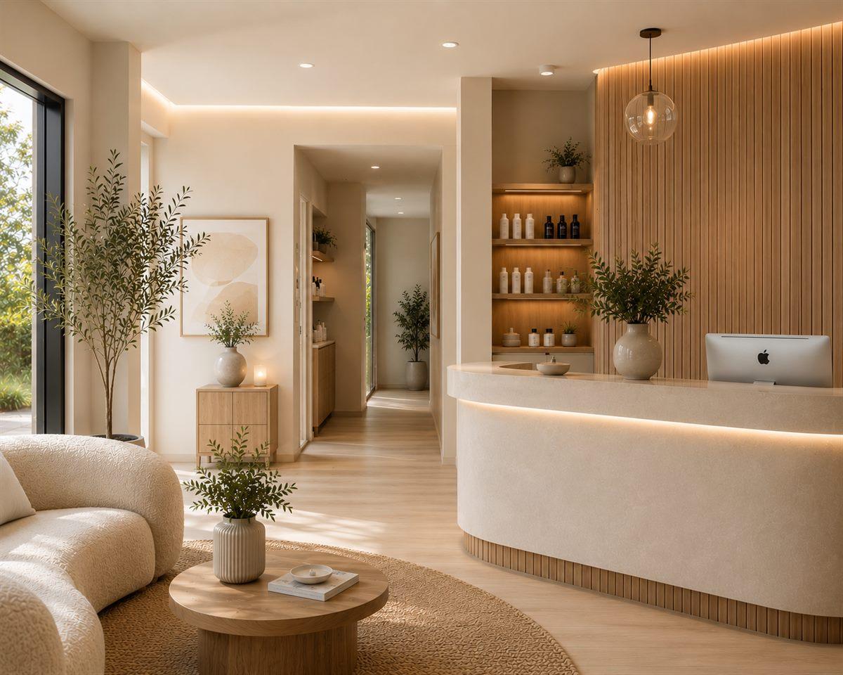 Modern wellness clinic reception with warm wood, soft lighting, and greenery